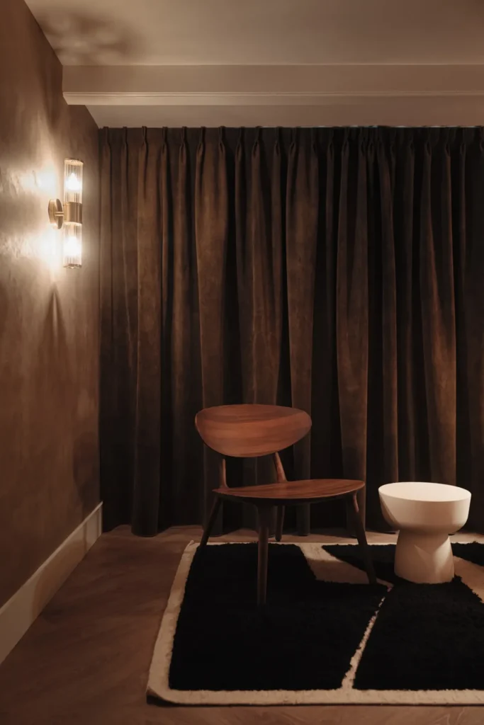Corner of the treatment room at Her Healing Massage & Wellness Studio, with a wooden chair and warm lighting